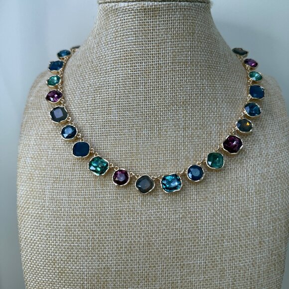 Gold-Tone Necklace With Multi-Colored Glass Gemstones Square & Round Shapes Adju - Picture 9 of 9